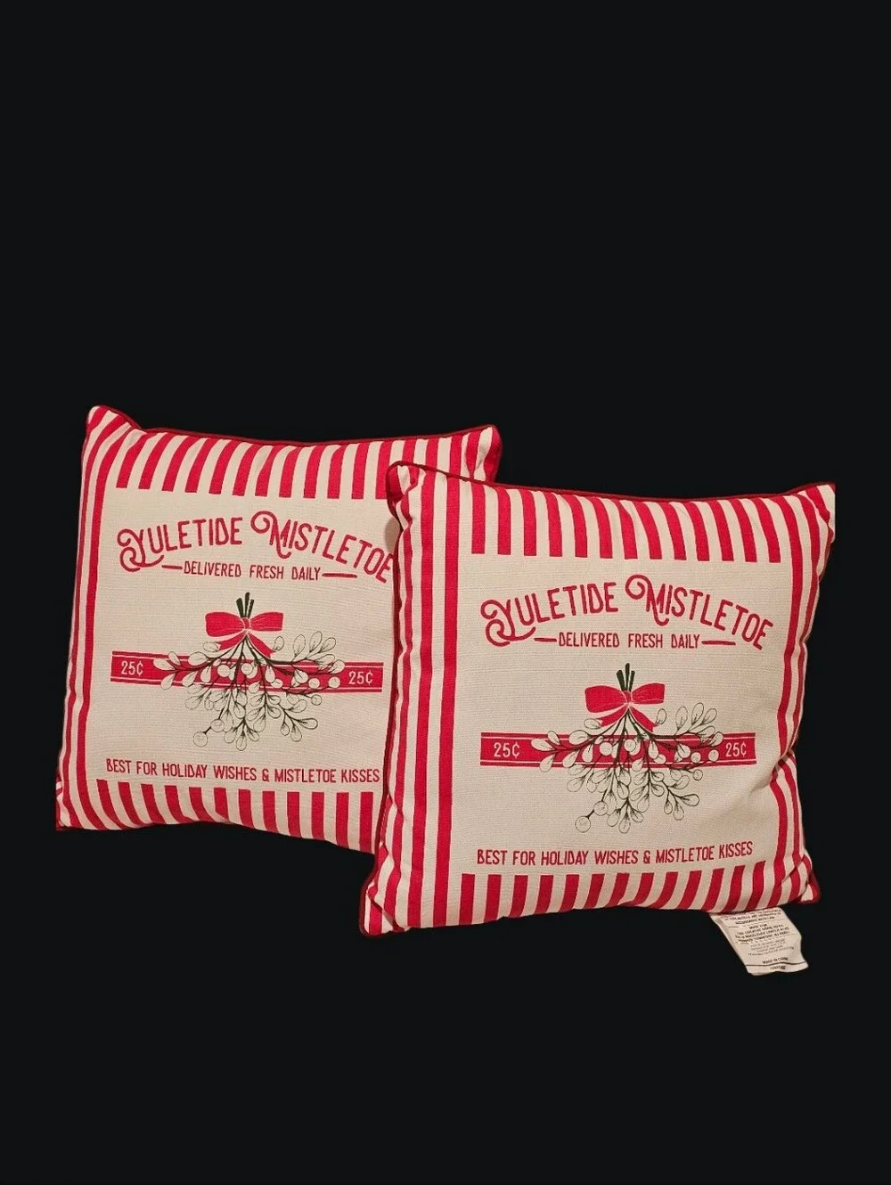 Large Yuletide Mistletoe Red Stripe Holiday Throw Pillow Set (2)